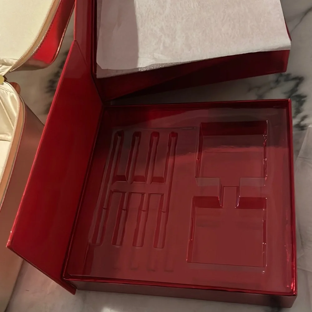 Bold Red Cardboard Cosmetic Box & Zippered Gold Tone Traincase